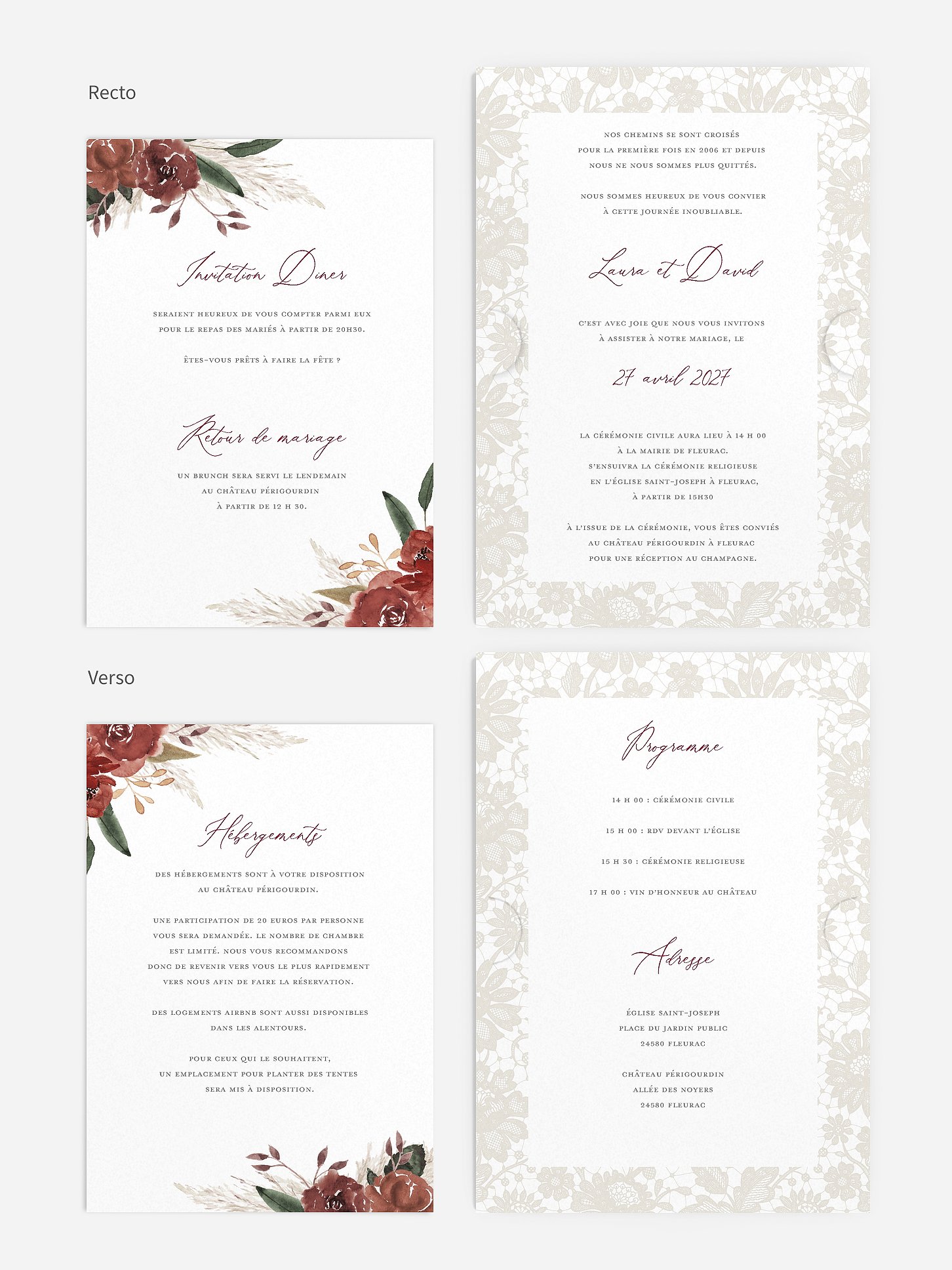 Faire-part de mariage Fleurs et dentelle