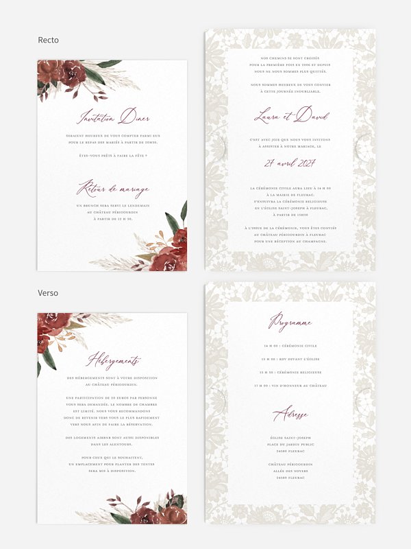 Faire-part de mariage Fleurs et dentelle