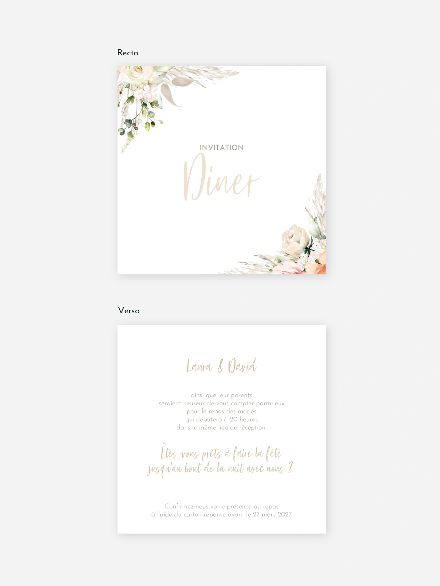 Carton d'invitation Rose & Pampas
