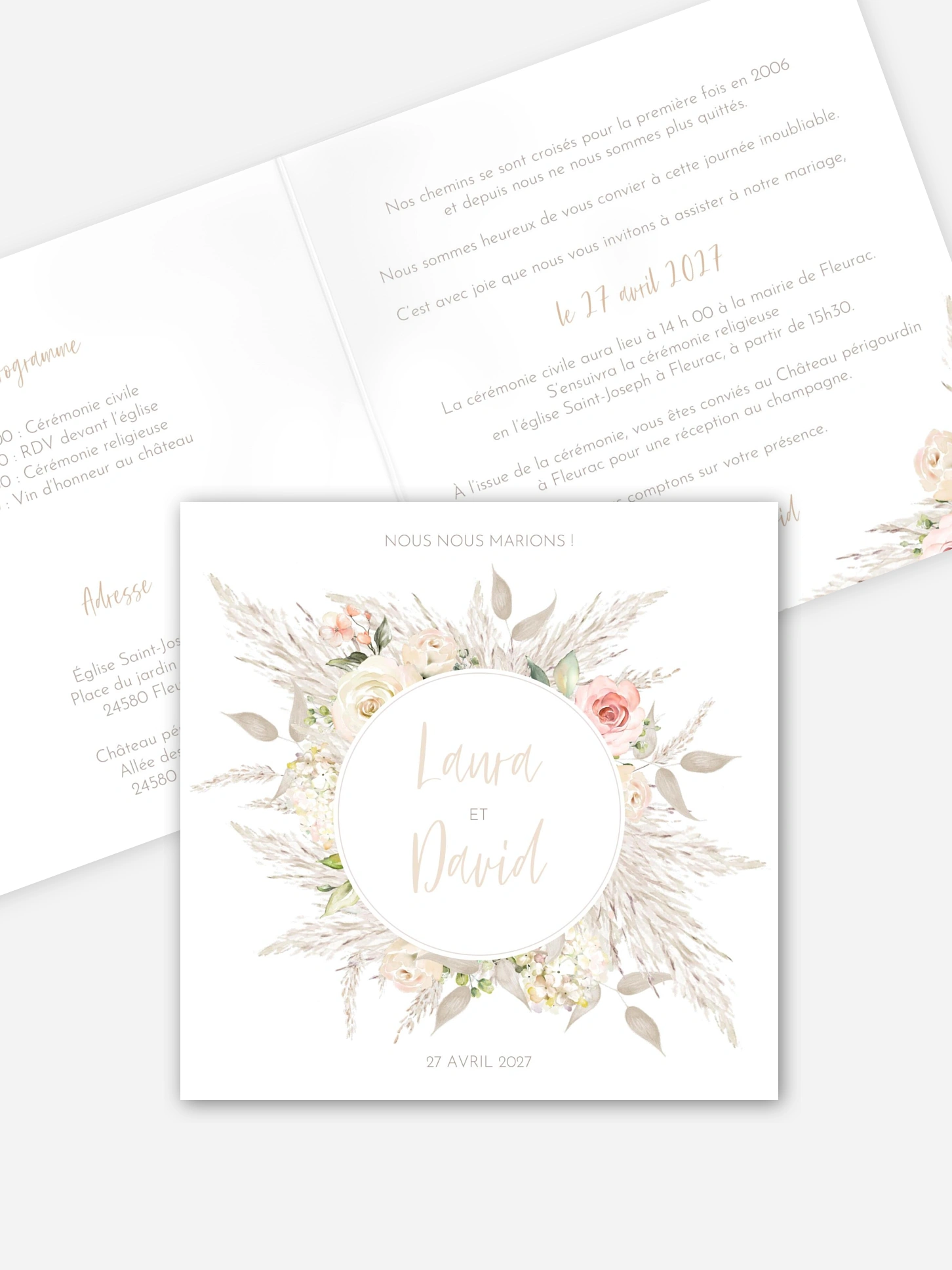 Faire-part de mariage Rose & Pampas