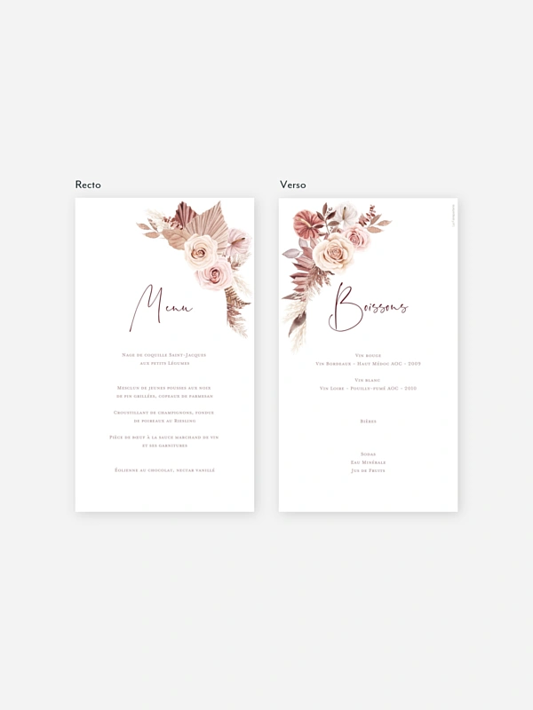 Menu mariage Fleurs bohèmes