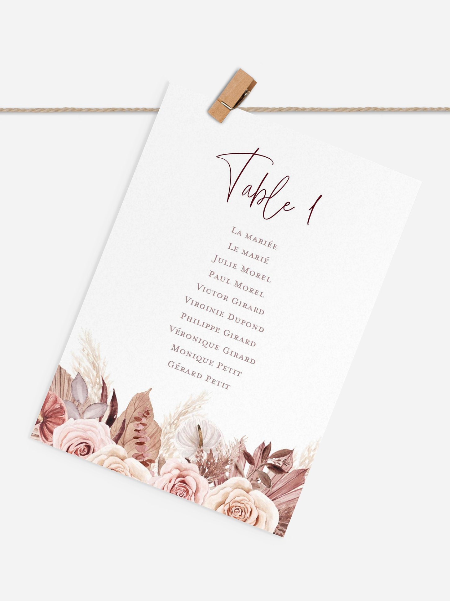Cartons plan de table mariage Fleurs bohèmes