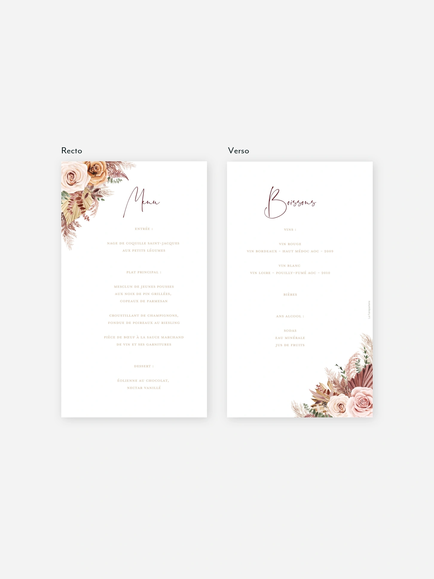 Menu mariage Bohemian rose