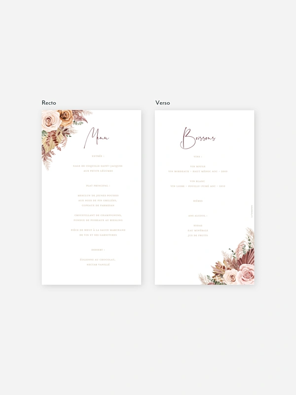 Menu mariage Bohemian rose
