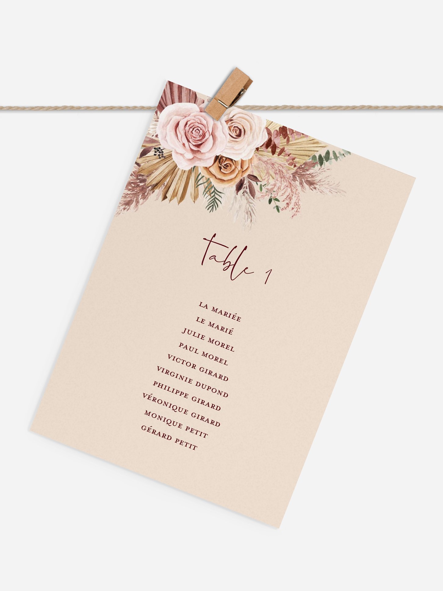 Cartons plan de table mariage Bohemian rose