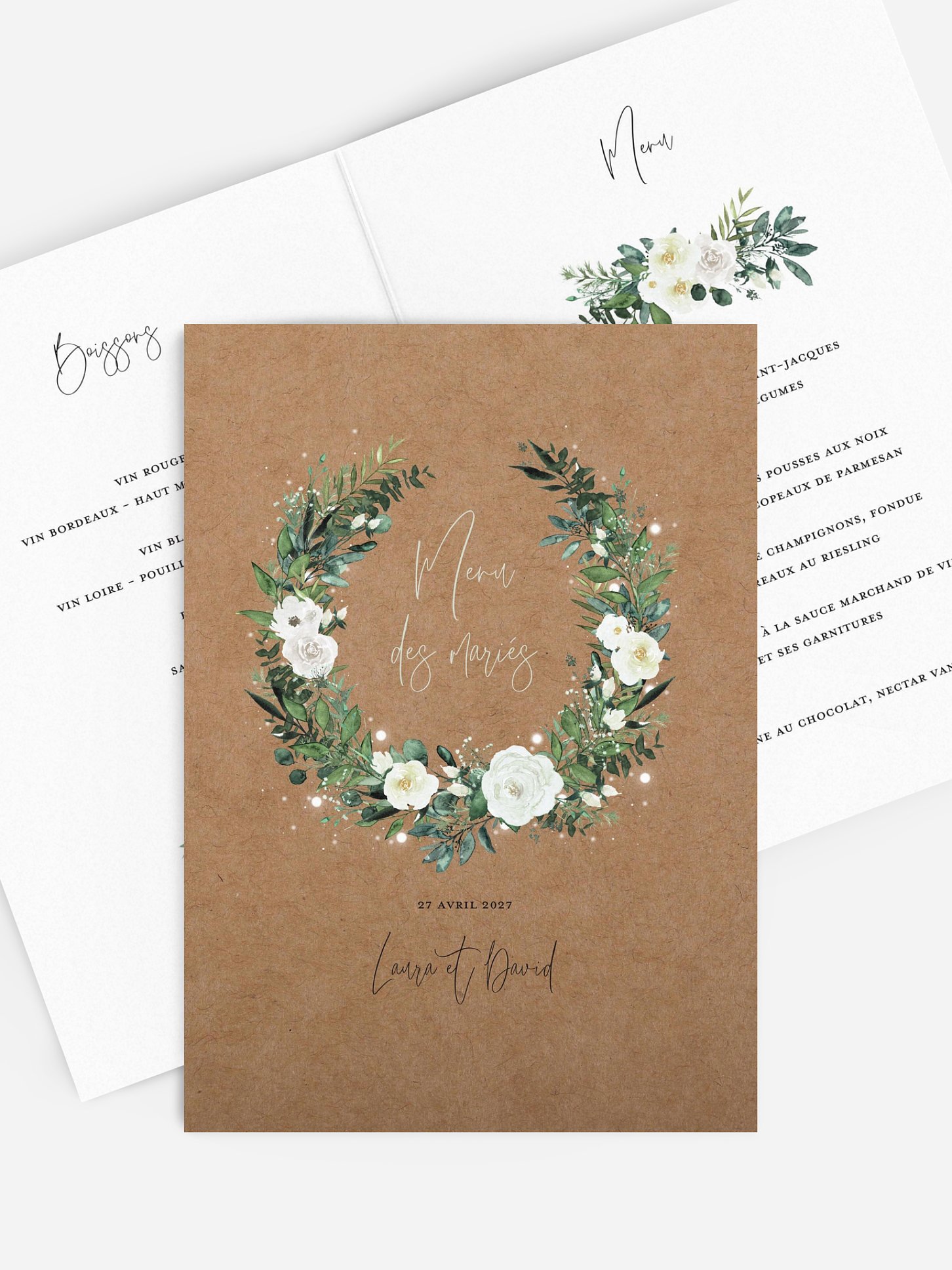 Menu mariage Roses enchantées effet kraft