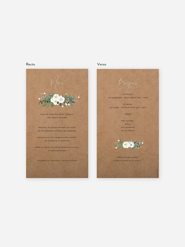Menu mariage Roses enchantées effet kraft