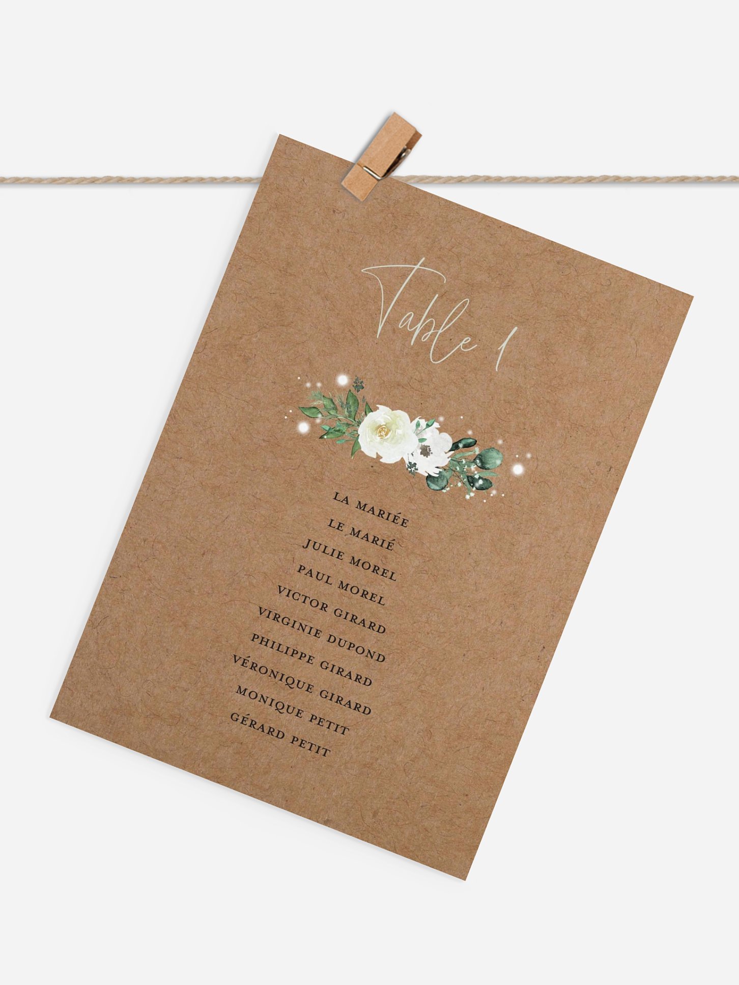 Cartons plan de table mariage Roses enchantées effet kraft