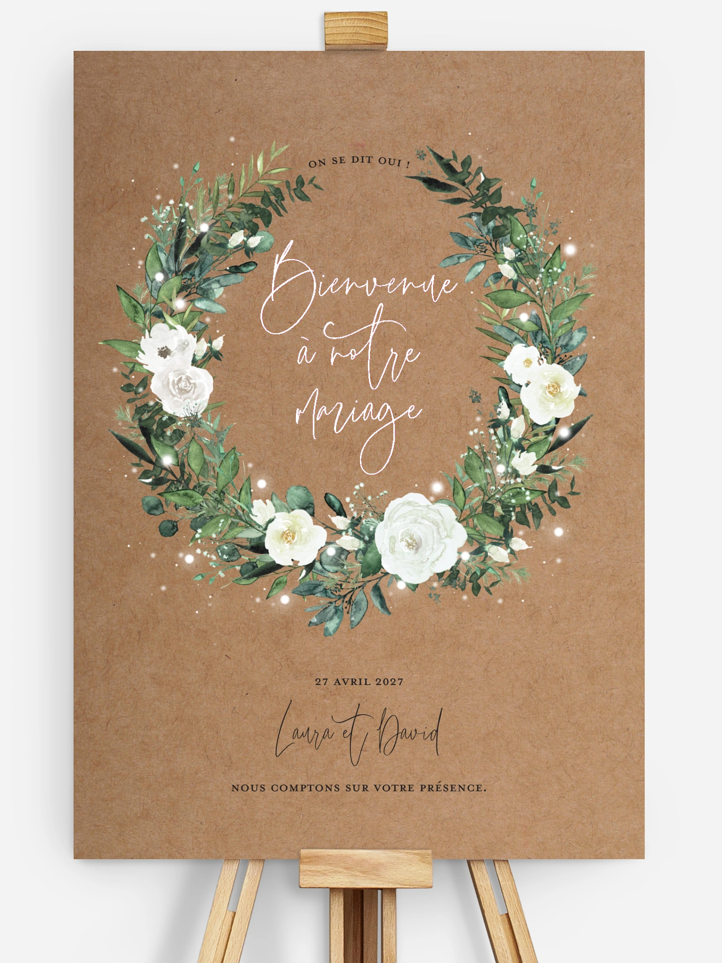 Poster bienvenue mariage Roses enchantées effet kraft