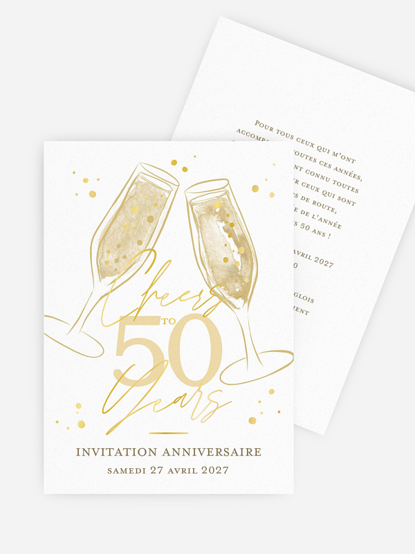 Invitation anniversaire adulte couleur or - 50 ans