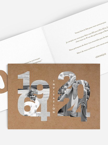 Carte invitation anniversaire 60 ans Festive, 60 ans, Vernis 3D, 14,5 x 15  cm