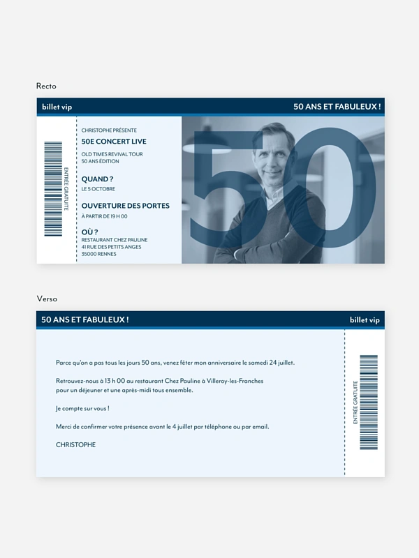 invitation anniversaire 50 Ticket de Concert