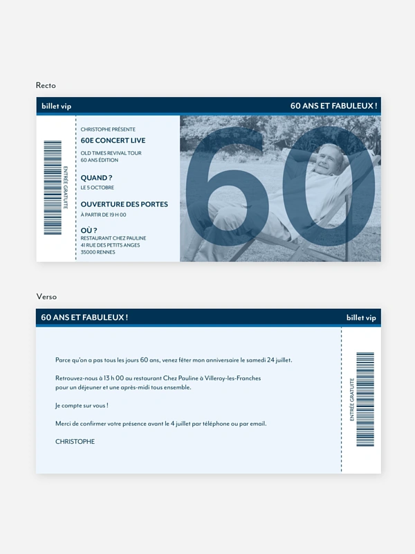 invitation anniversaire 60 Ticket de Concert