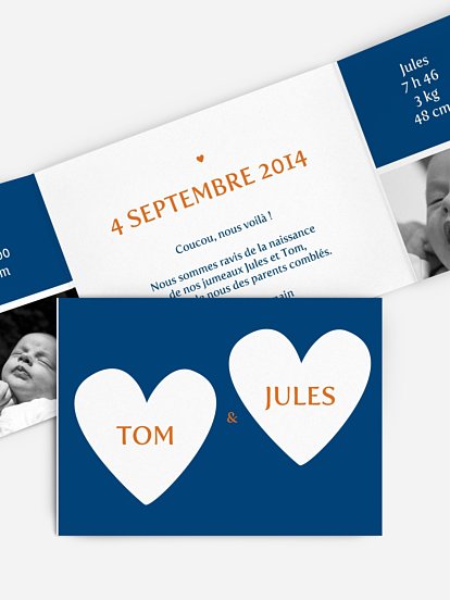 Faire-part naissance jumeaux De tout coeur