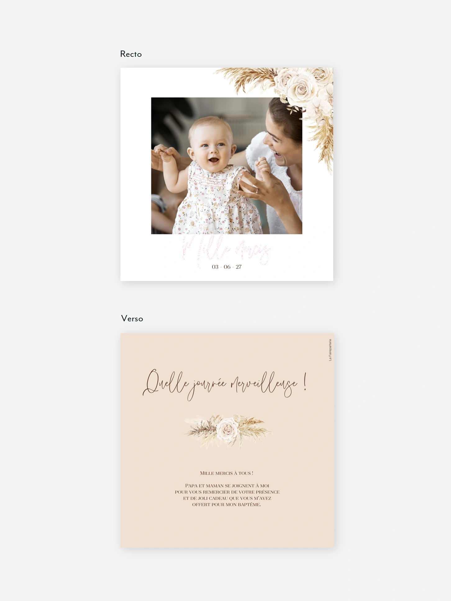 Carte remerciement baptême Elegant Boho