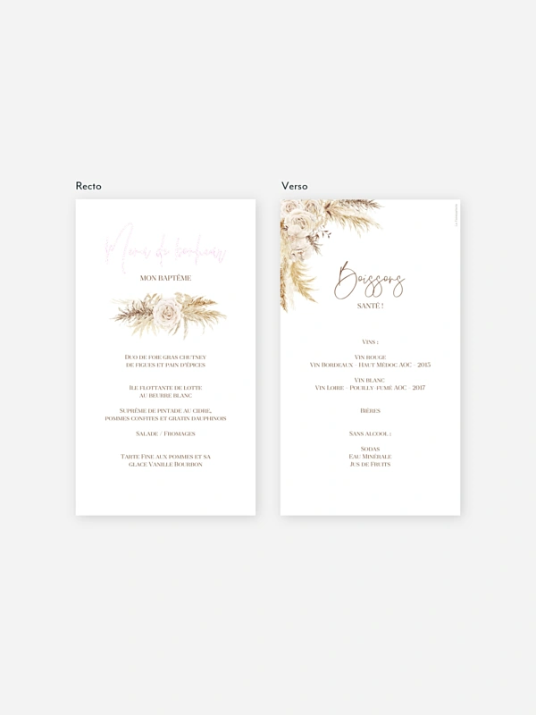 Menu baptême Elegant Boho