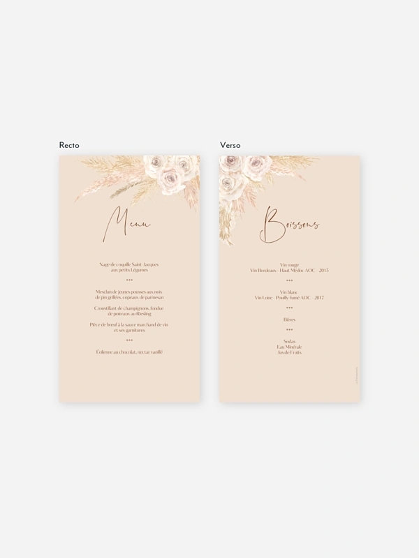 Menu mariage Boho Pampas