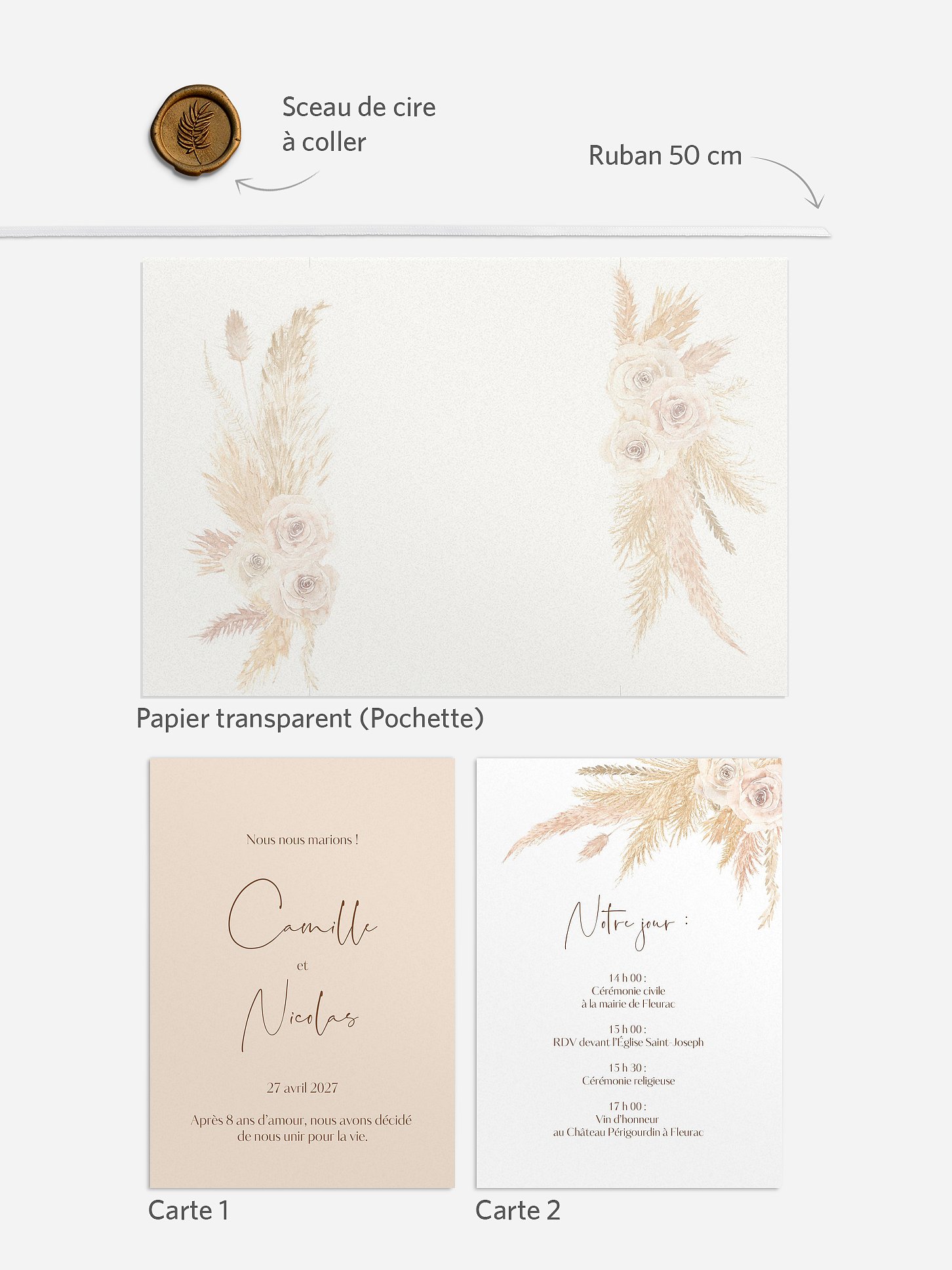 Faire-part de mariage Boho Pampas