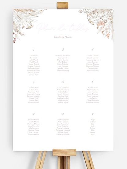 Poster plan de table mariage Fleurs filigranes