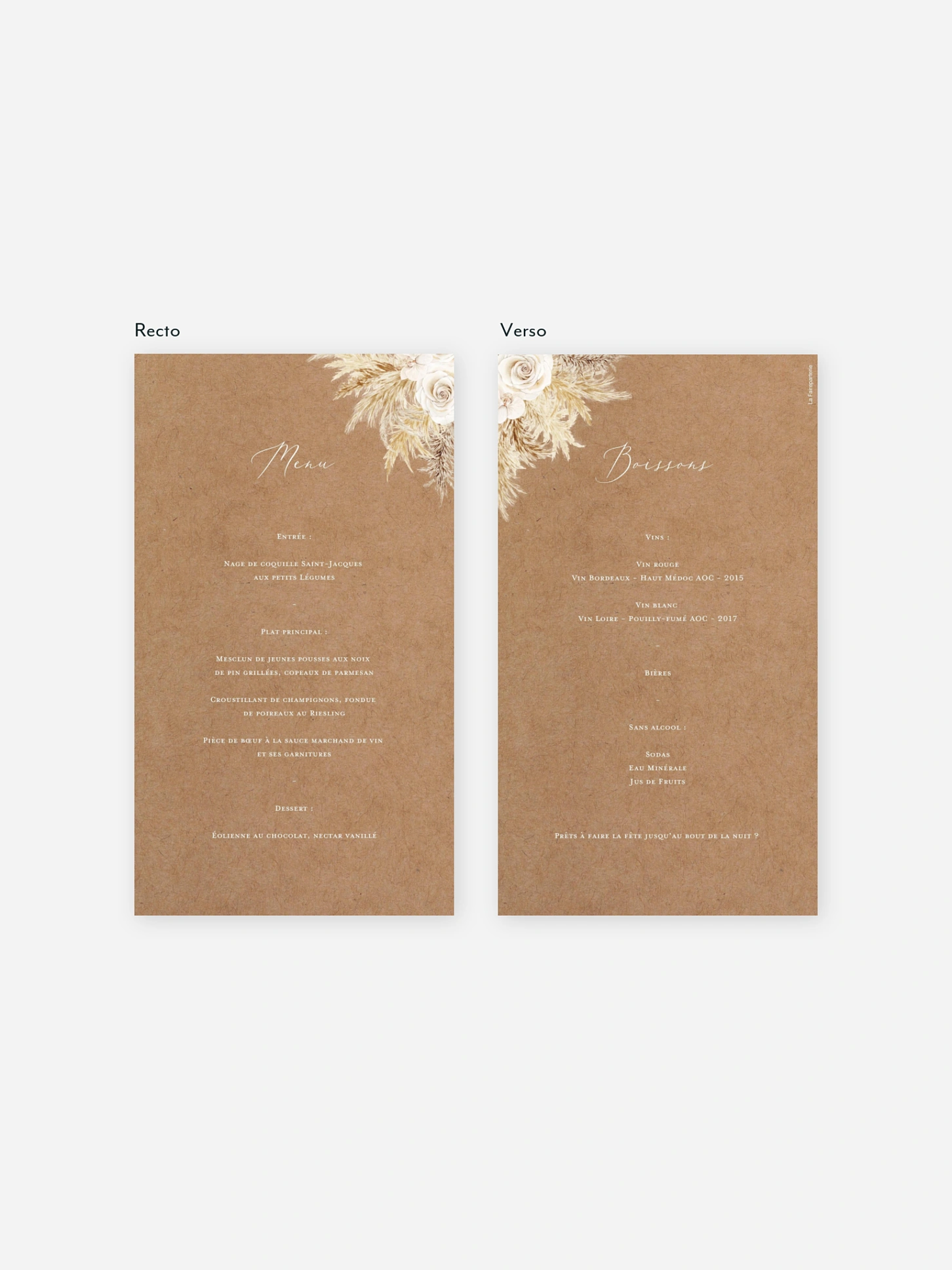 Menu mariage Amour précieux pampas
