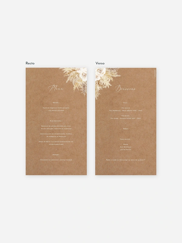 Menu mariage Amour précieux pampas