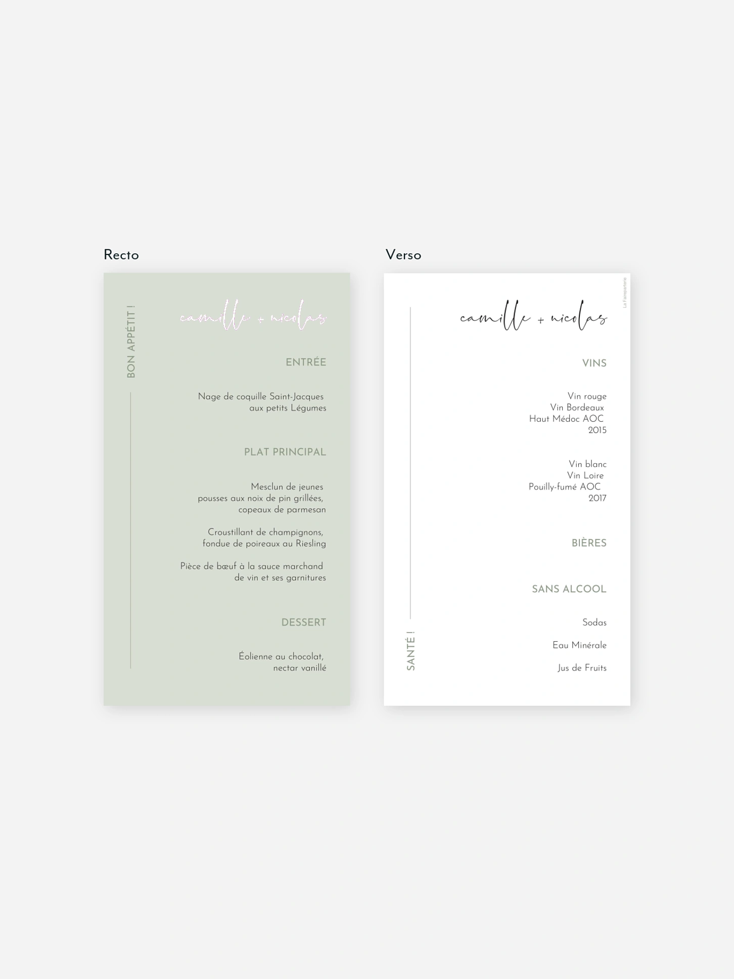 Menu mariage Romance moderne