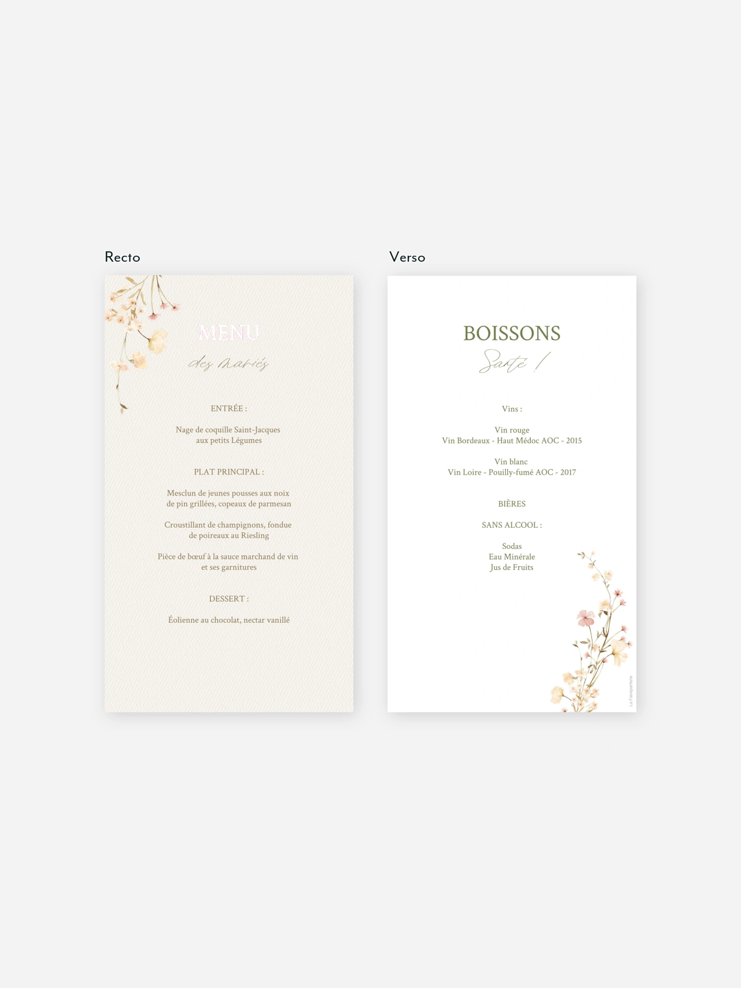 Menu mariage Promesse fleurie