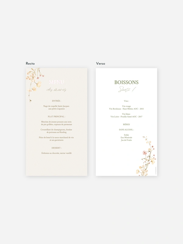 Menu mariage Promesse fleurie