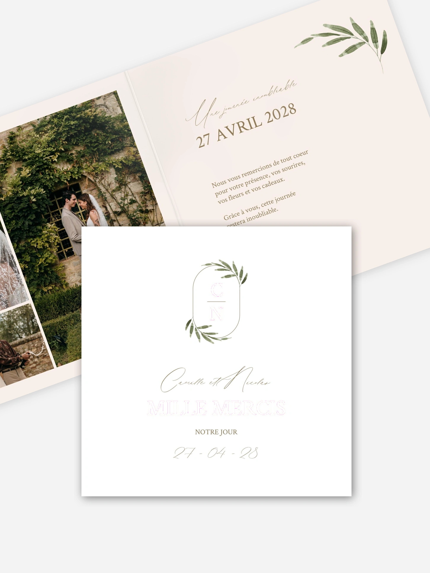 Carte de remerciements Brin d'olivier raffiné