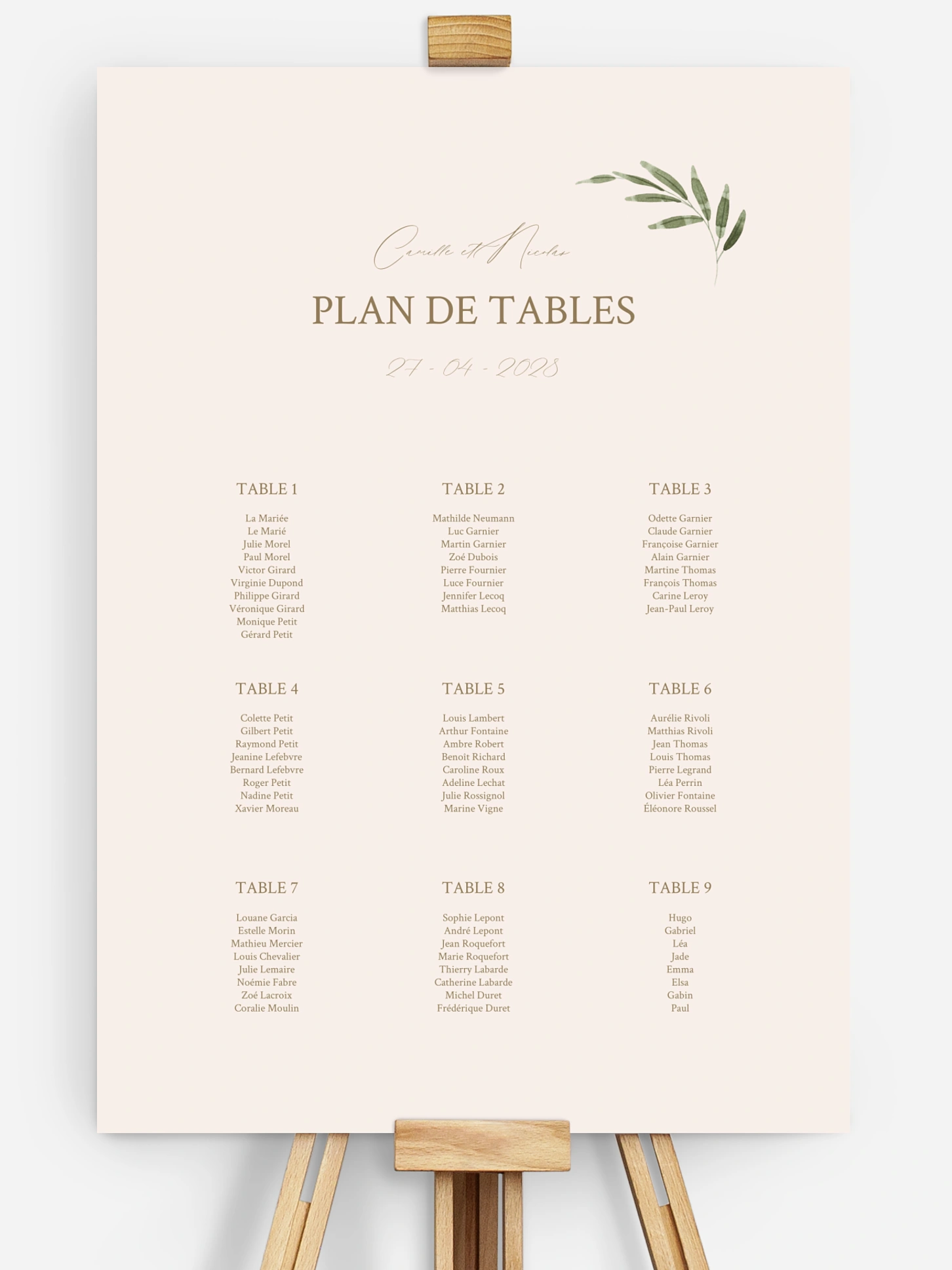 Poster plan de table mariage Brin d'olivier raffiné