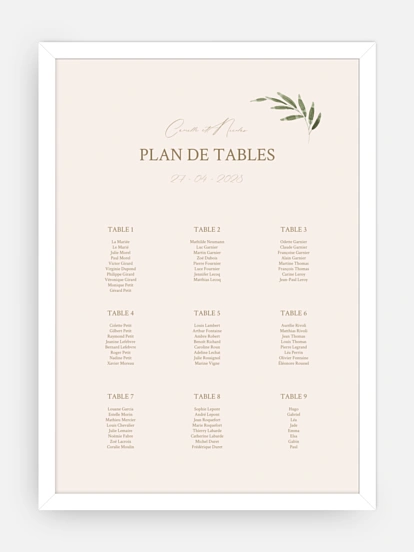 Poster plan de table mariage Brin d'olivier raffiné