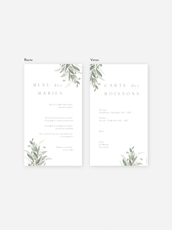 Menu mariage Amour en Feuillage