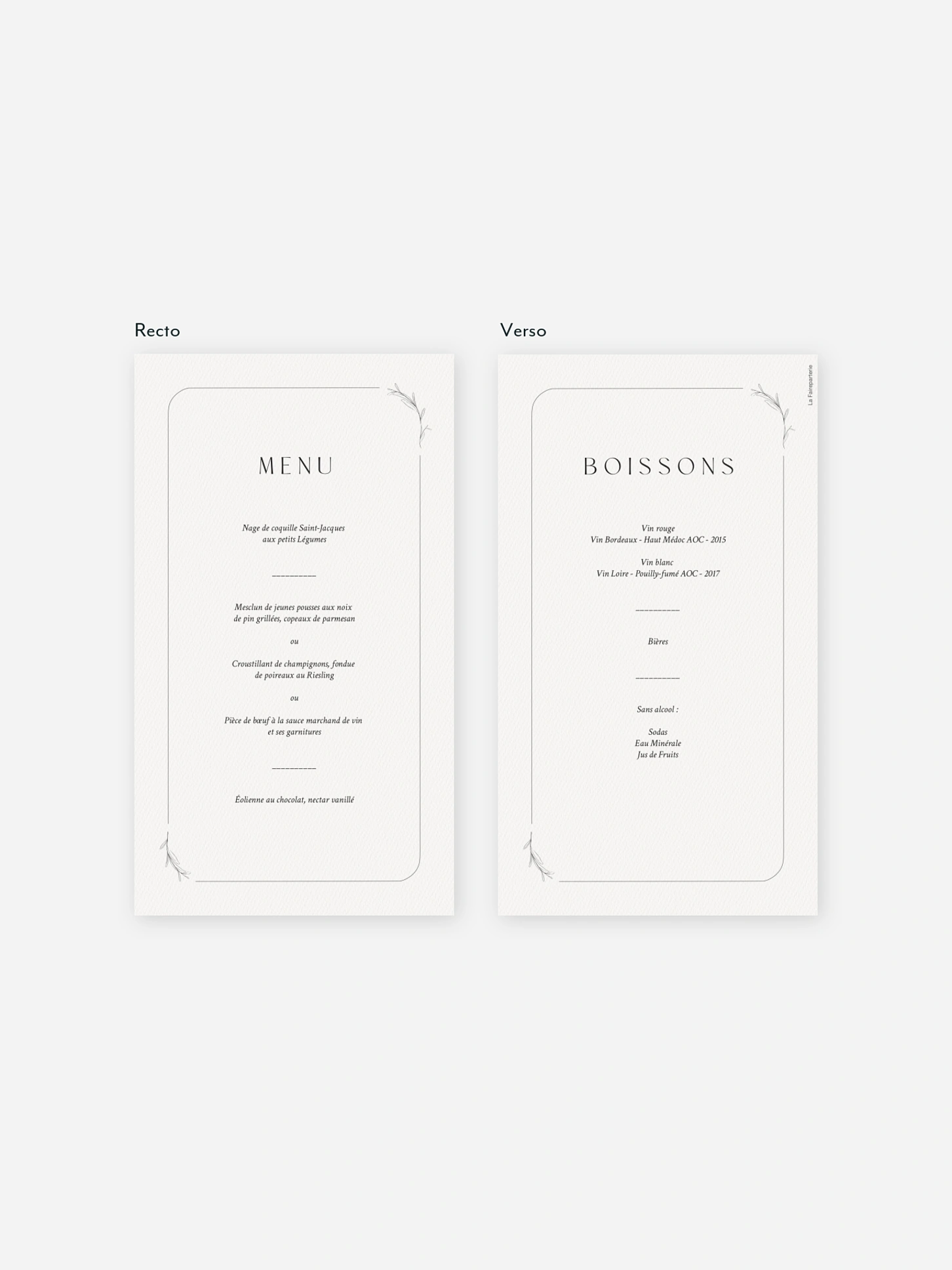Menu mariage Romance Élégante