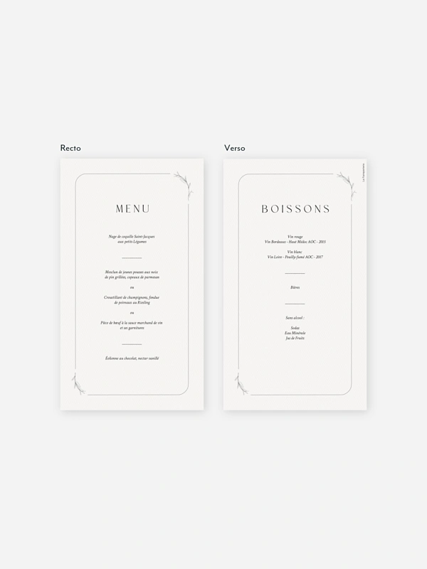 Menu mariage Romance Élégante