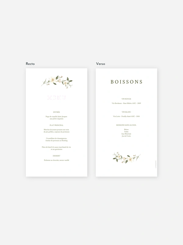 Menu mariage Charme floral
