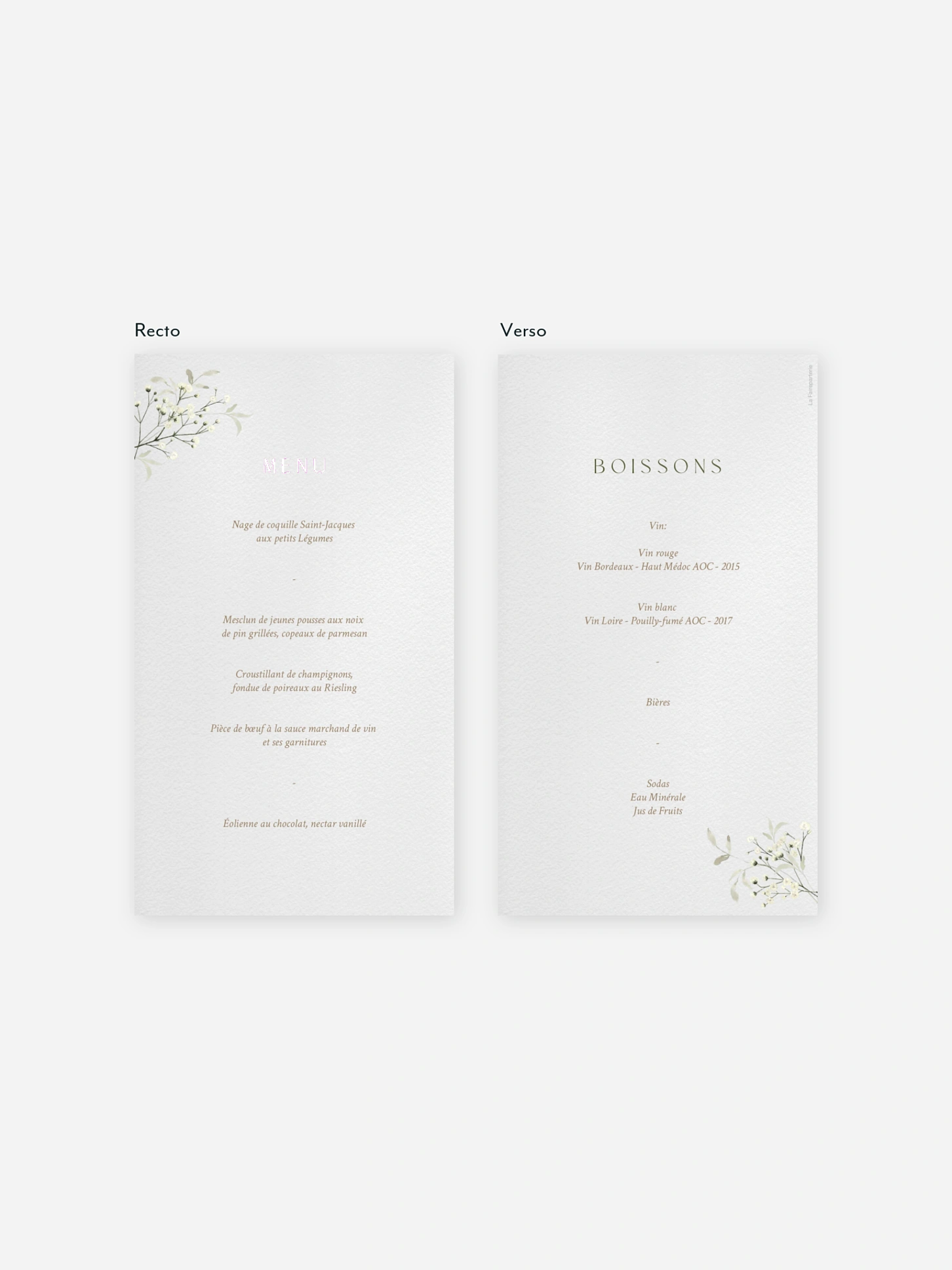 Menu mariage Éclosion d’amour