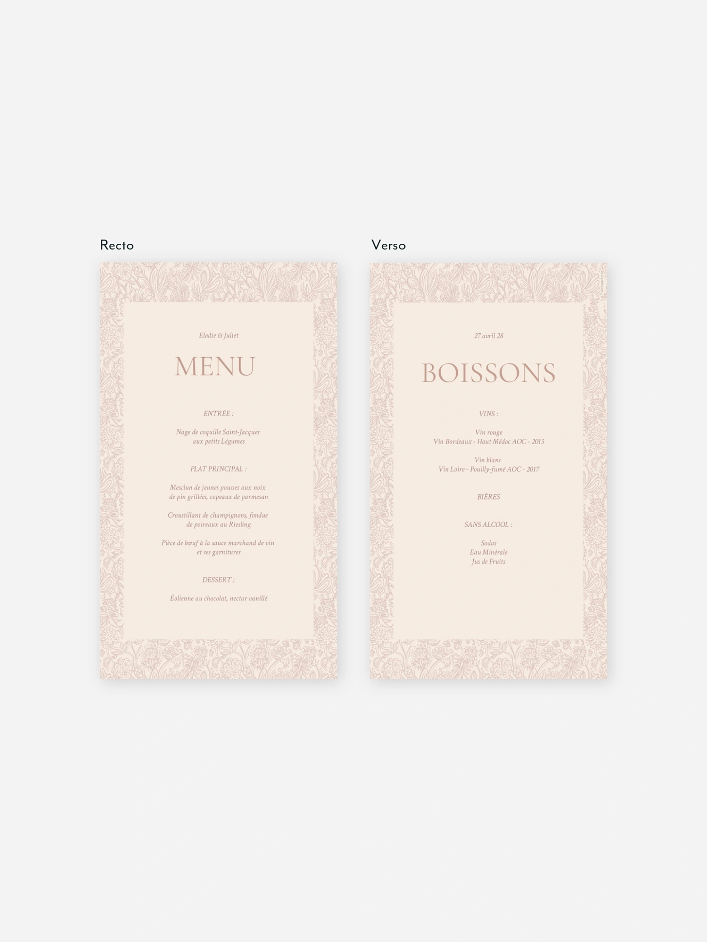 Menu mariage Histoire d’amour