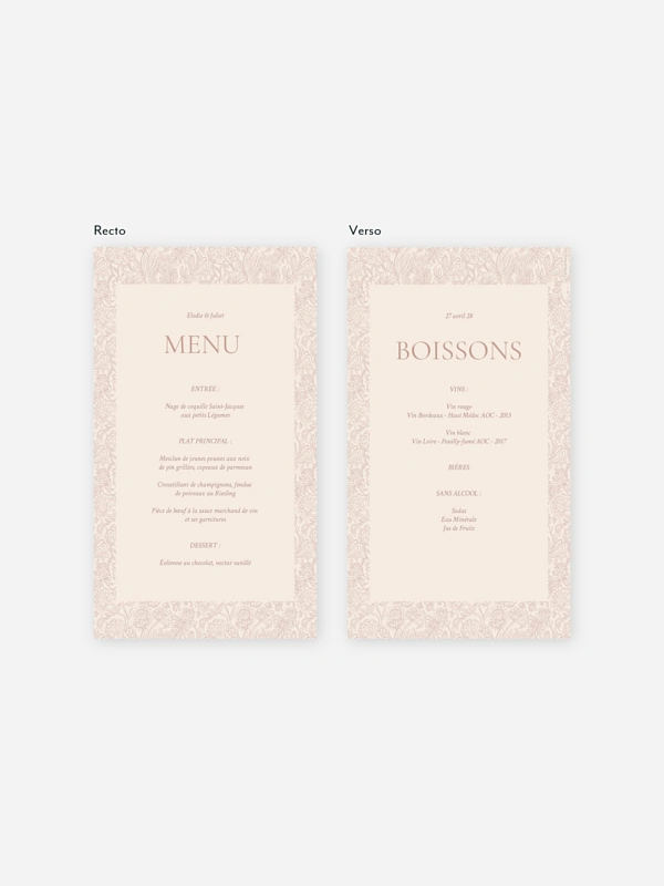 Menu mariage Histoire d’amour