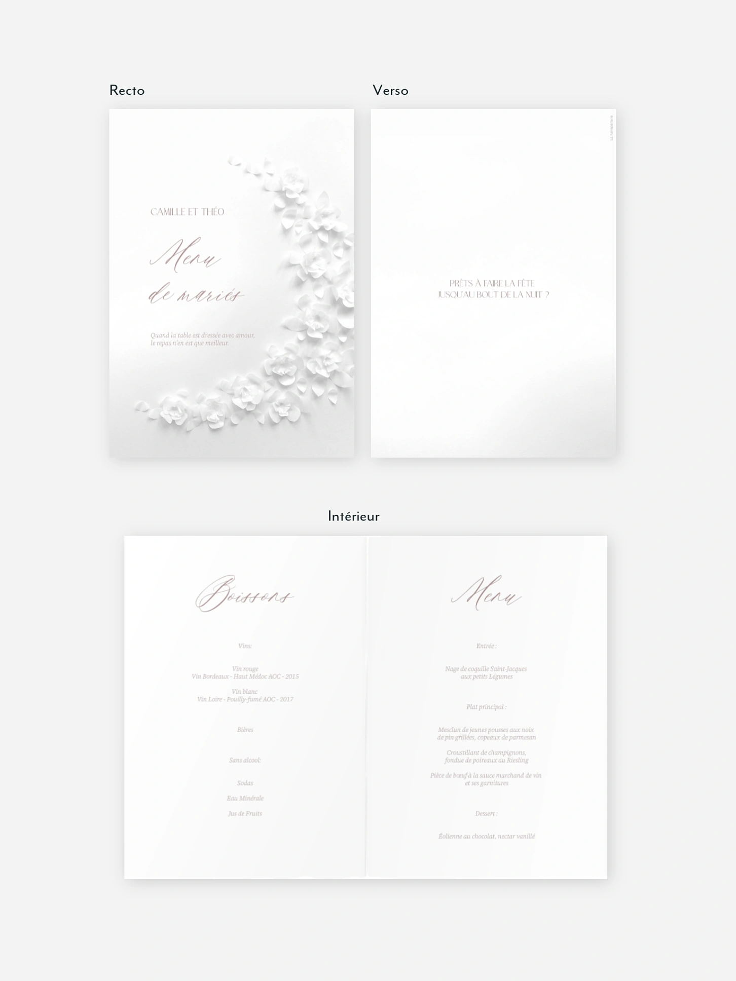 Menu mariage Poème sur papier
