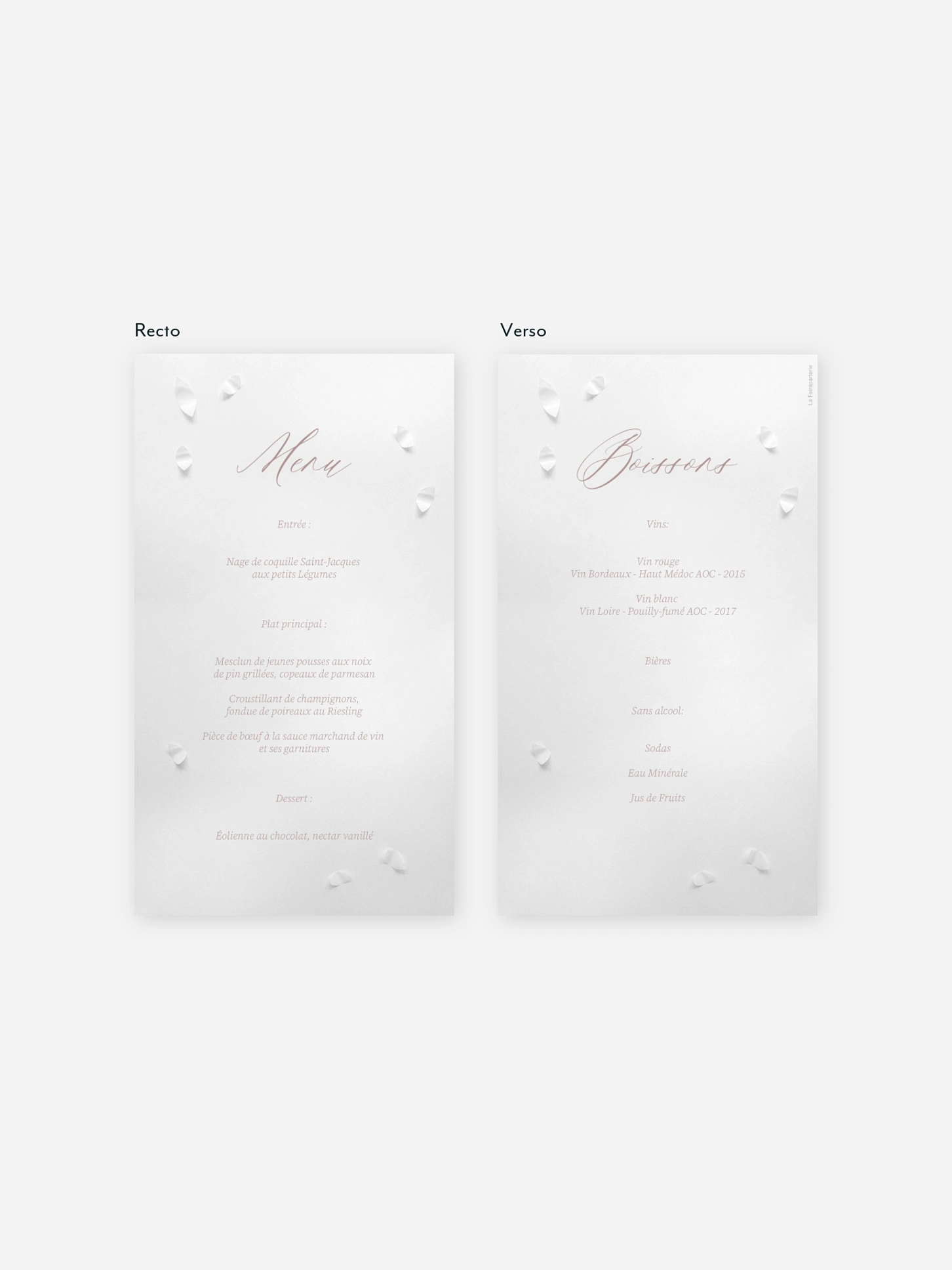 Menu mariage Poème sur papier