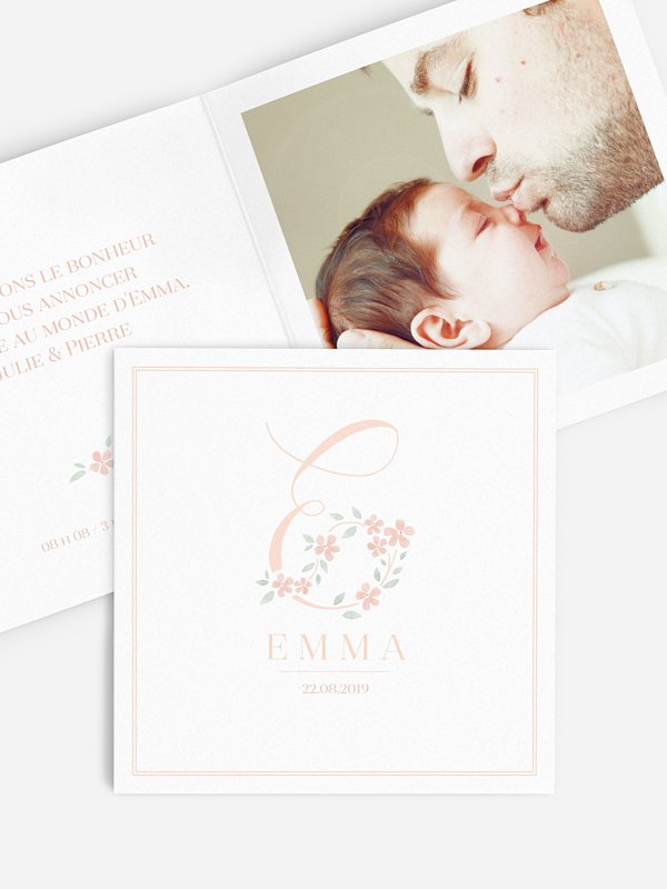 Faire-part naissance Lettre fleurie - E