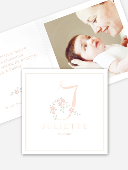Faire-part naissance Lettre fleurie - J