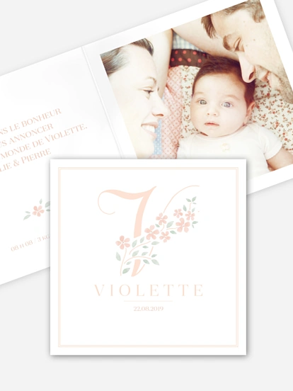Faire-part naissance Lettre fleurie - V