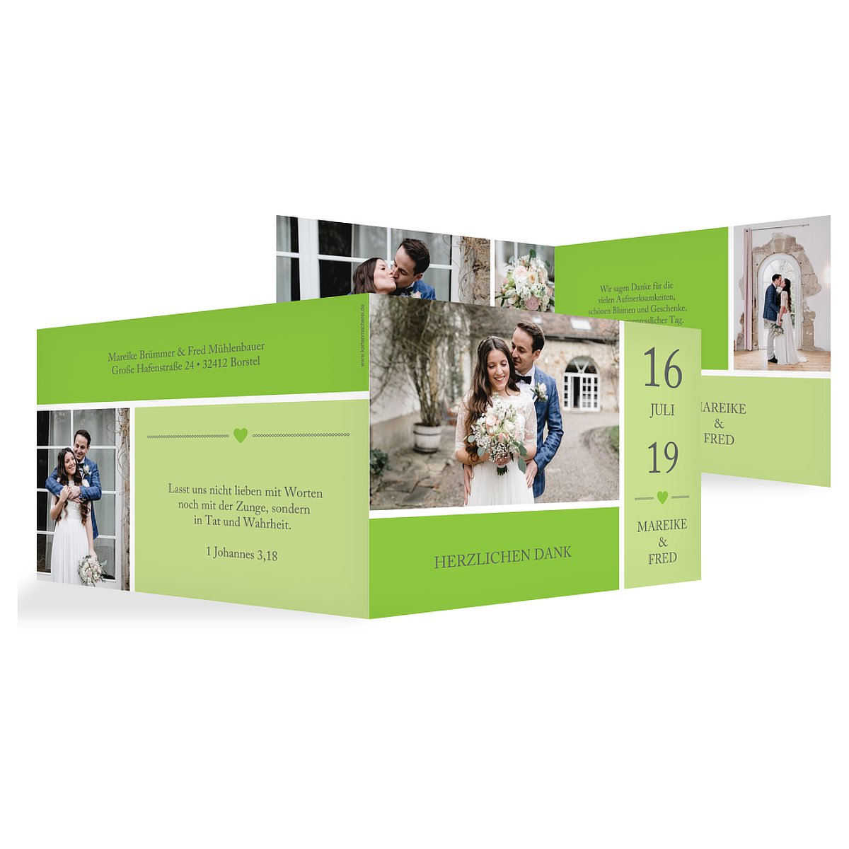 Dankeskarten Hochzeit mit Foto in hellgrün, Mittlere Klappkarte flach als Danksagungskarte Hochzeit, Hochzeit Danksagung Herzenszeit mit Text|