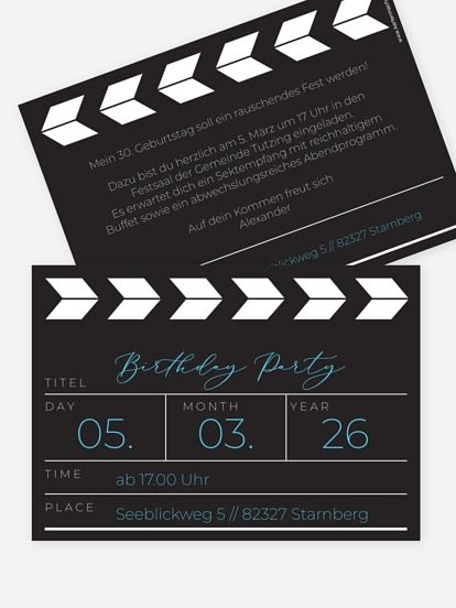 Einladung 30. Geburtstag Regieklappe