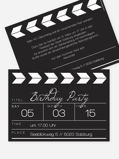 Einladung 40. Geburtstag Regieklappe