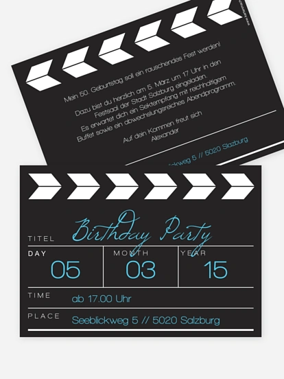 Einladung 50. Geburtstag Regieklappe