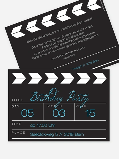 Einladung 50. Geburtstag Regieklappe