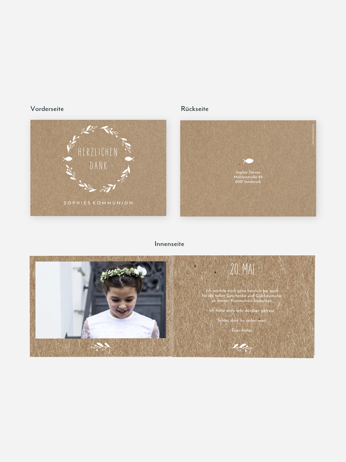 Danksagung Kommunion Floral Wreath Kraftpapier