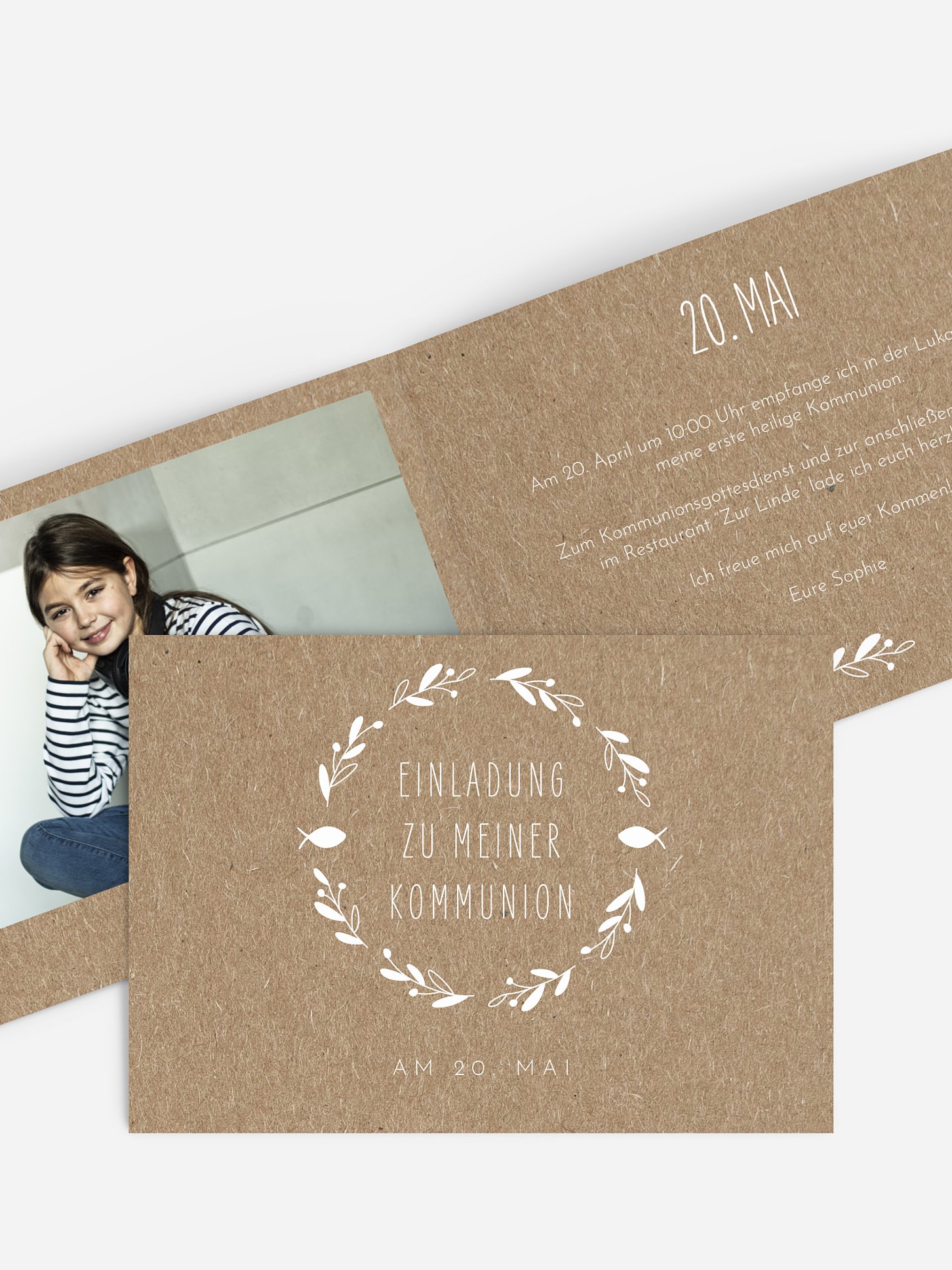 Kommunionseinladung Floral Wreath Kraftpapier